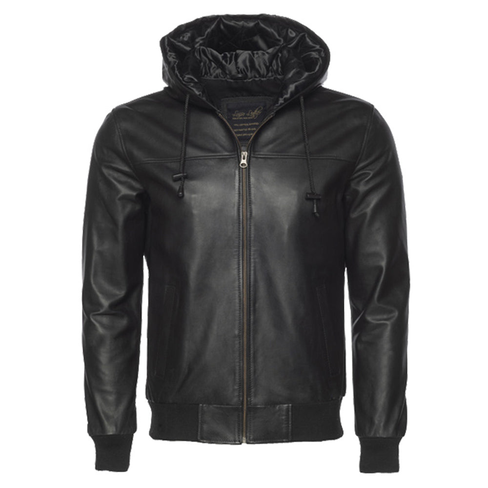 Handmade Men's Hooded Bomber Leather Jacket good Motorcycle Black Leather Jacket With Hoodie Classic Removable Hood Moto Coat in Real Lambskin