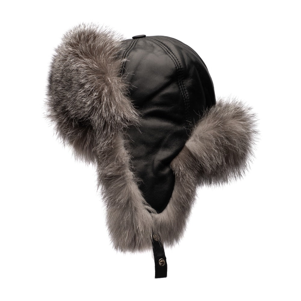 Silver fox and Black leather fur  Aviator Hat Real Silver Fox Trapper Hat for Men, Oversized Men main image 2