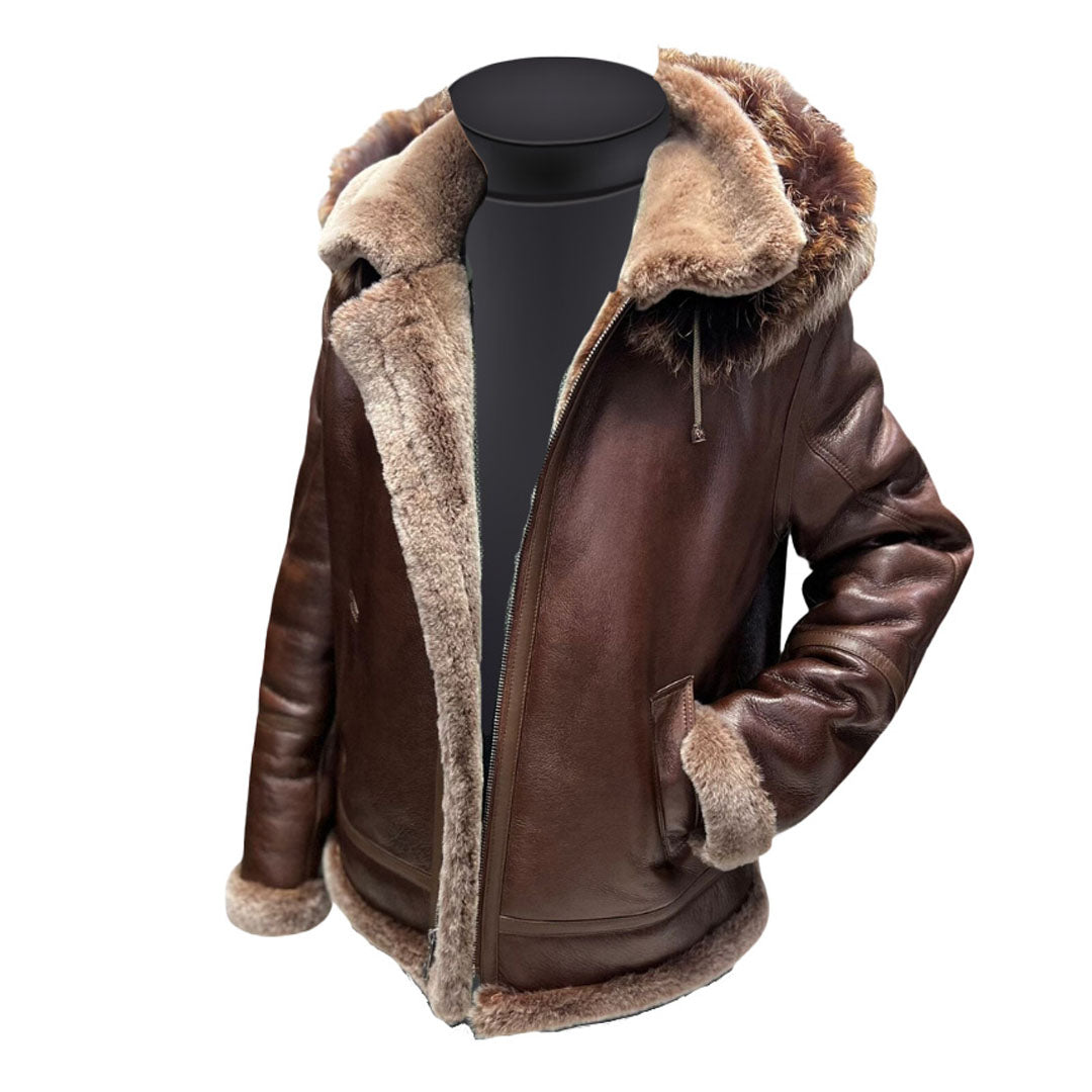 Rocco Vintage Distressed Brown Aviator bomber shearling jacket with hoodie