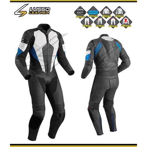 Hinton's Black, White And Blue Motorcycle Leather Suit – Lusso Leather