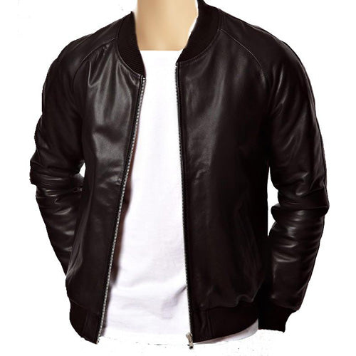 Ribbed Collar Leather Bomber Jacket