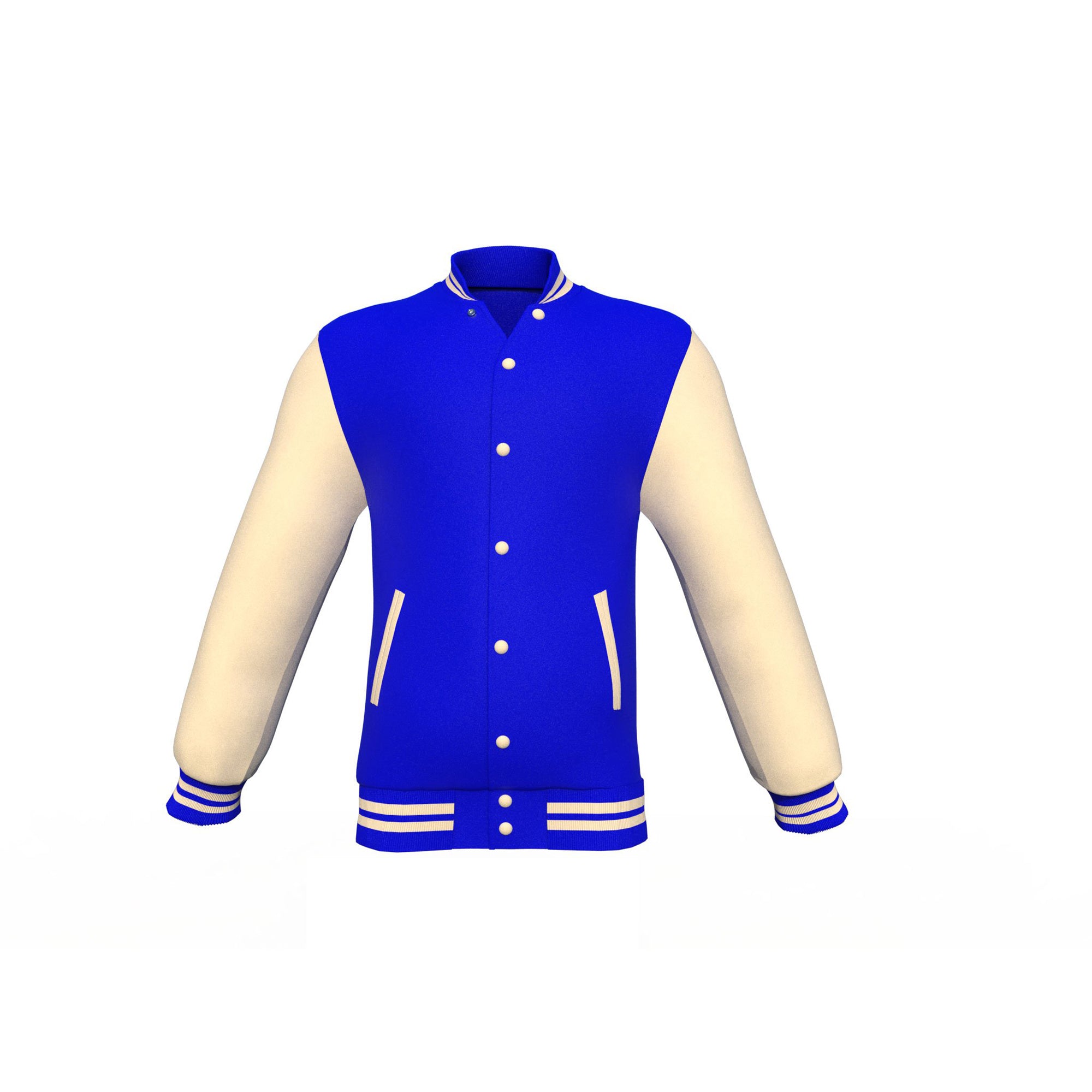 WHITE LEATHER SLEEVES & ROYAL BLUE WOOL BODY VARSITY JACKET-WOMEN