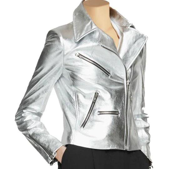 Womens Silver Biker Leather Jackets