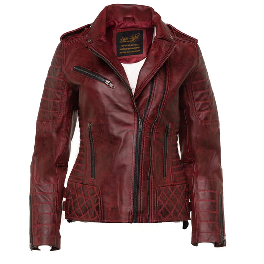 Womens Maroon Biker Leather Jackets 