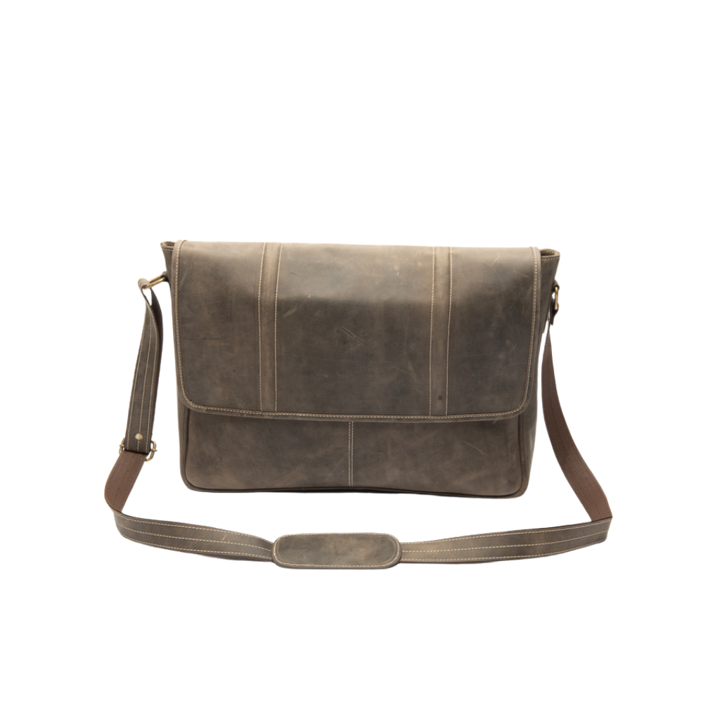 Men's brown leather laptop messenger bag