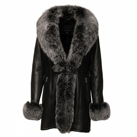 Stella black shearling coat with fox fur trim