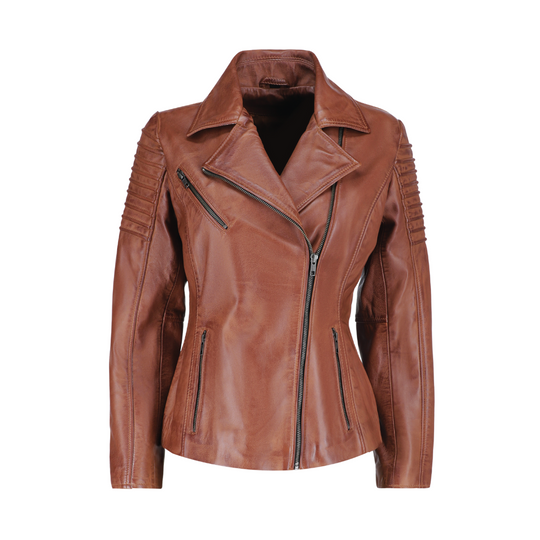 Women's distressed biker leather jacket with piping