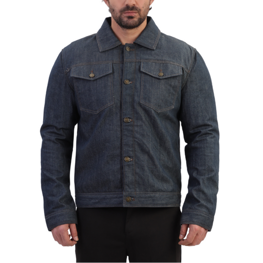 Julian blue denim motorcycle jacket with kevlar lining