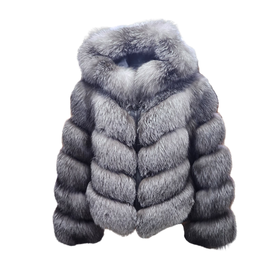 Women's  Grey Fox Fur Hooded Jacket
