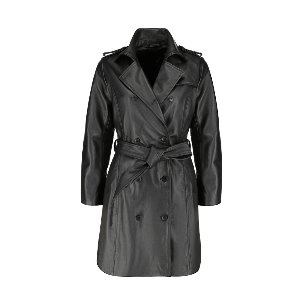 Coral black belted leather coat