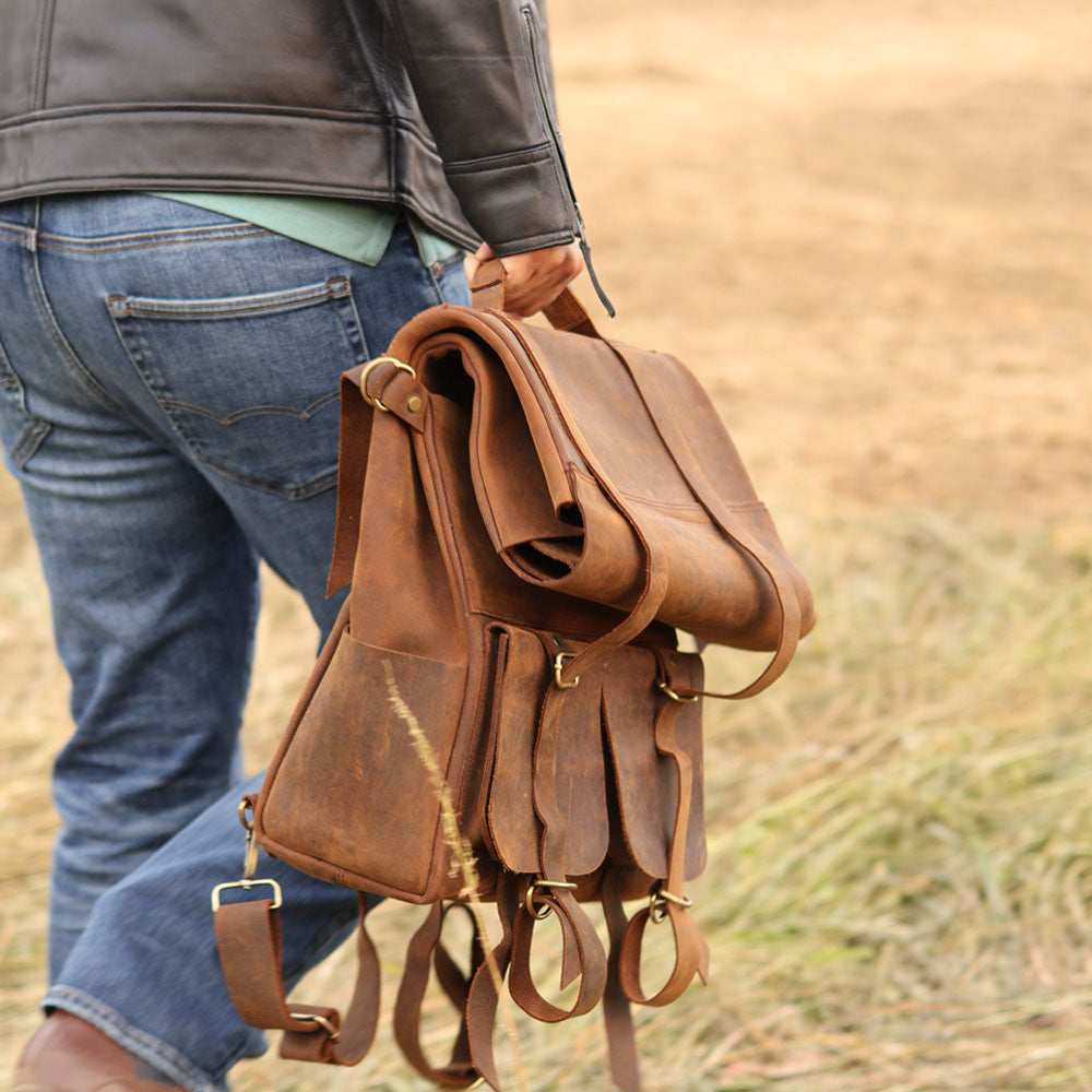denim jacket leather backpack Parsons Roll Top Vintage Oiled Cowhide Backpack