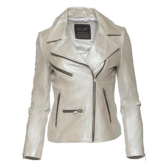 J’Envie Leather Jacket Metallic outlet Silver 3/4 length sleeves snaps size women’s L