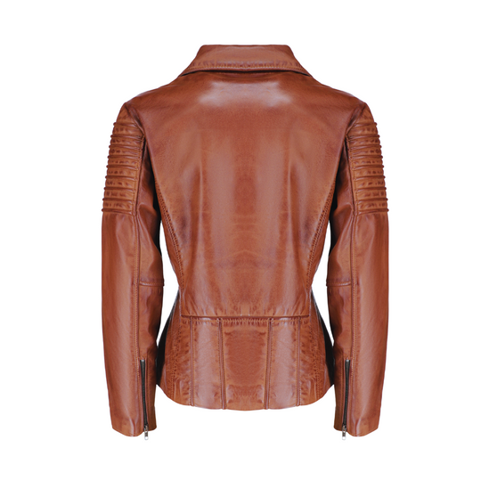 Women's distressed biker leather jacket with piping