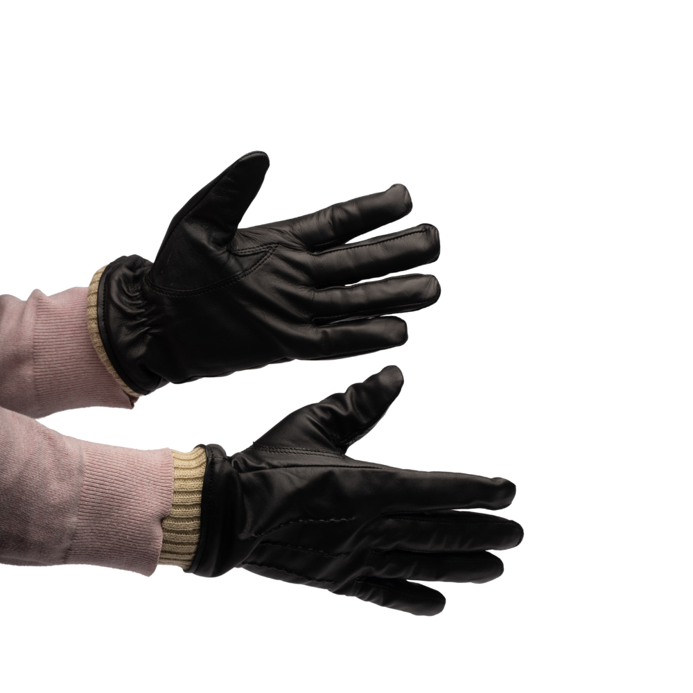 Men's black leather gloves with knit cuffs