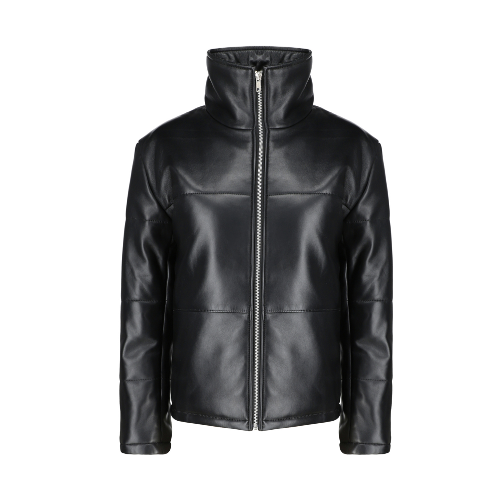 Sorine Black zippered women's Puffer leather jacket