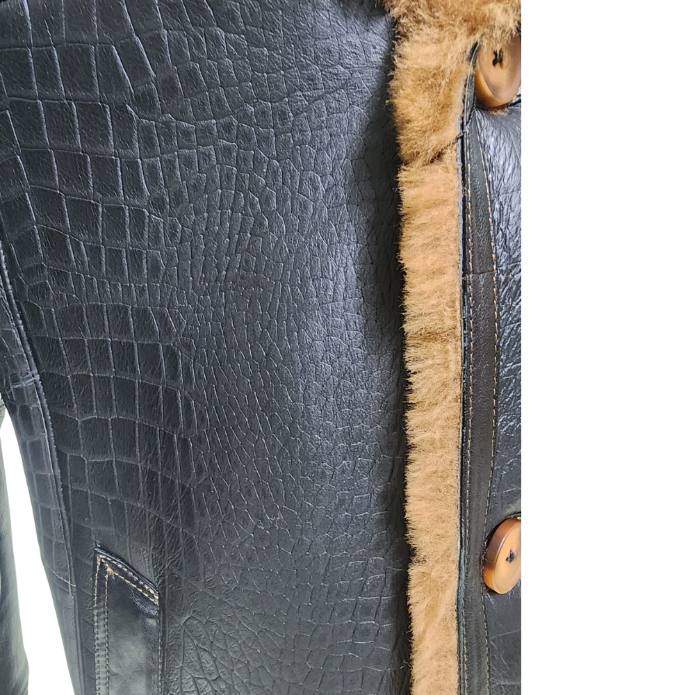 Griffin Double Breasted Black Croc Print Shearling Overcoat
