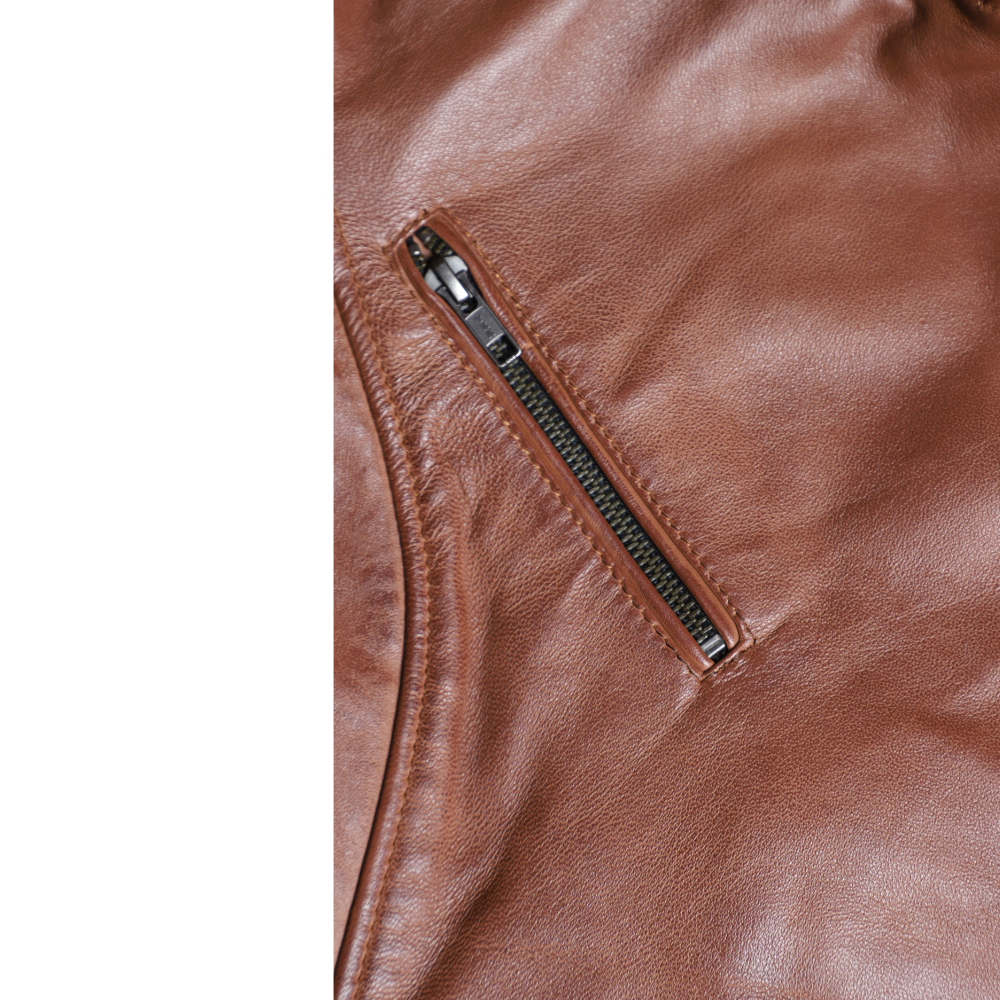 Women's distressed biker leather jacket with piping