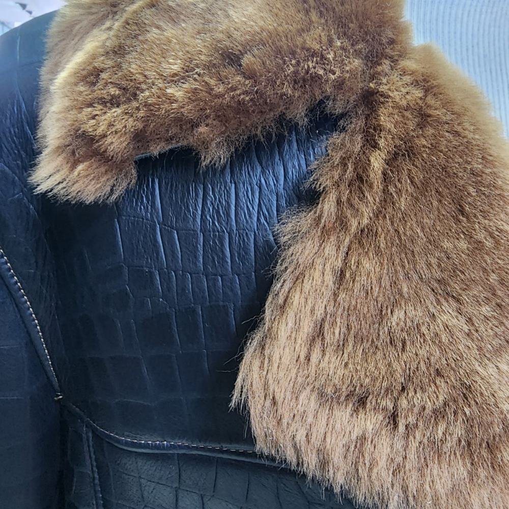 Griffin Double Breasted Black Croc Print Shearling Overcoat