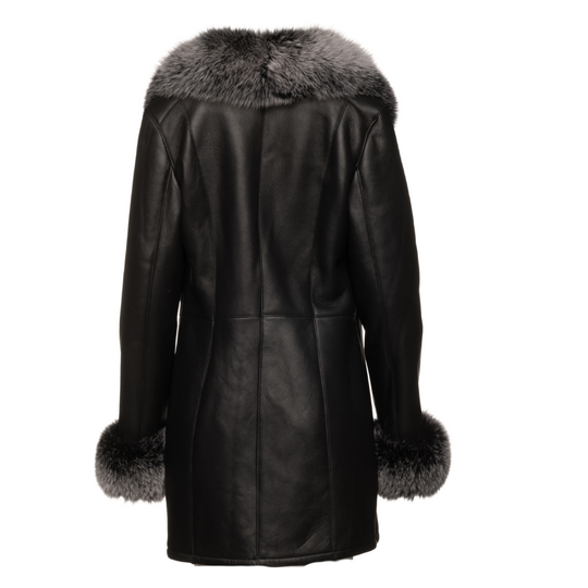 Stella black shearling coat with fox fur trim