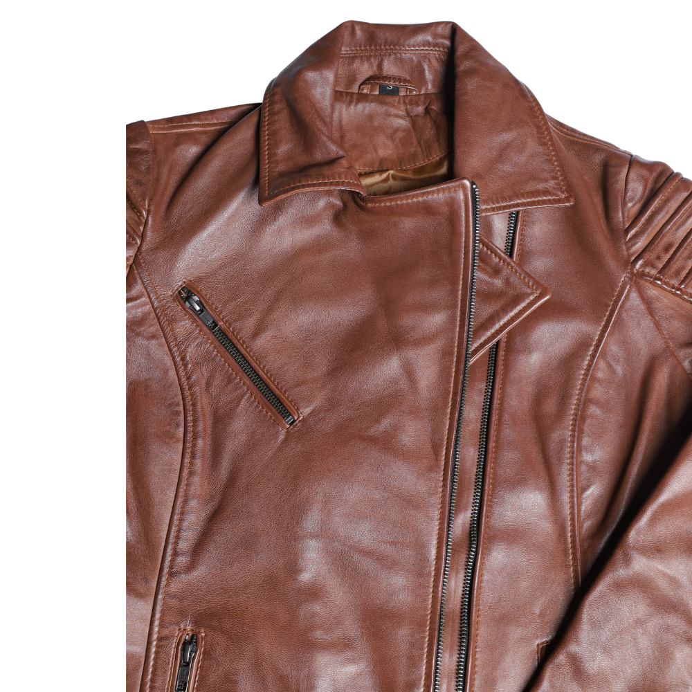 Women's distressed biker leather jacket with piping