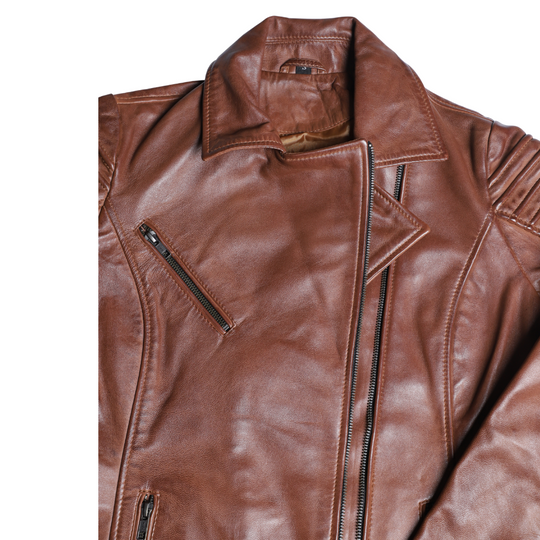 Women's distressed biker leather jacket with piping