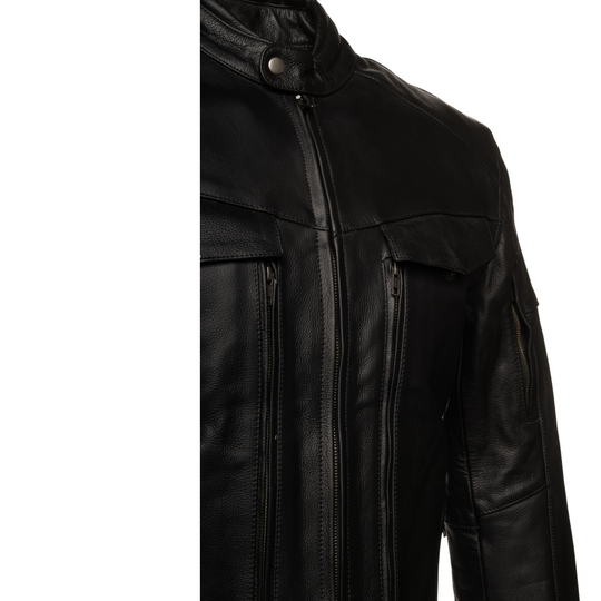 Huxley Black Motorcycle leather jacket with Storage pockets