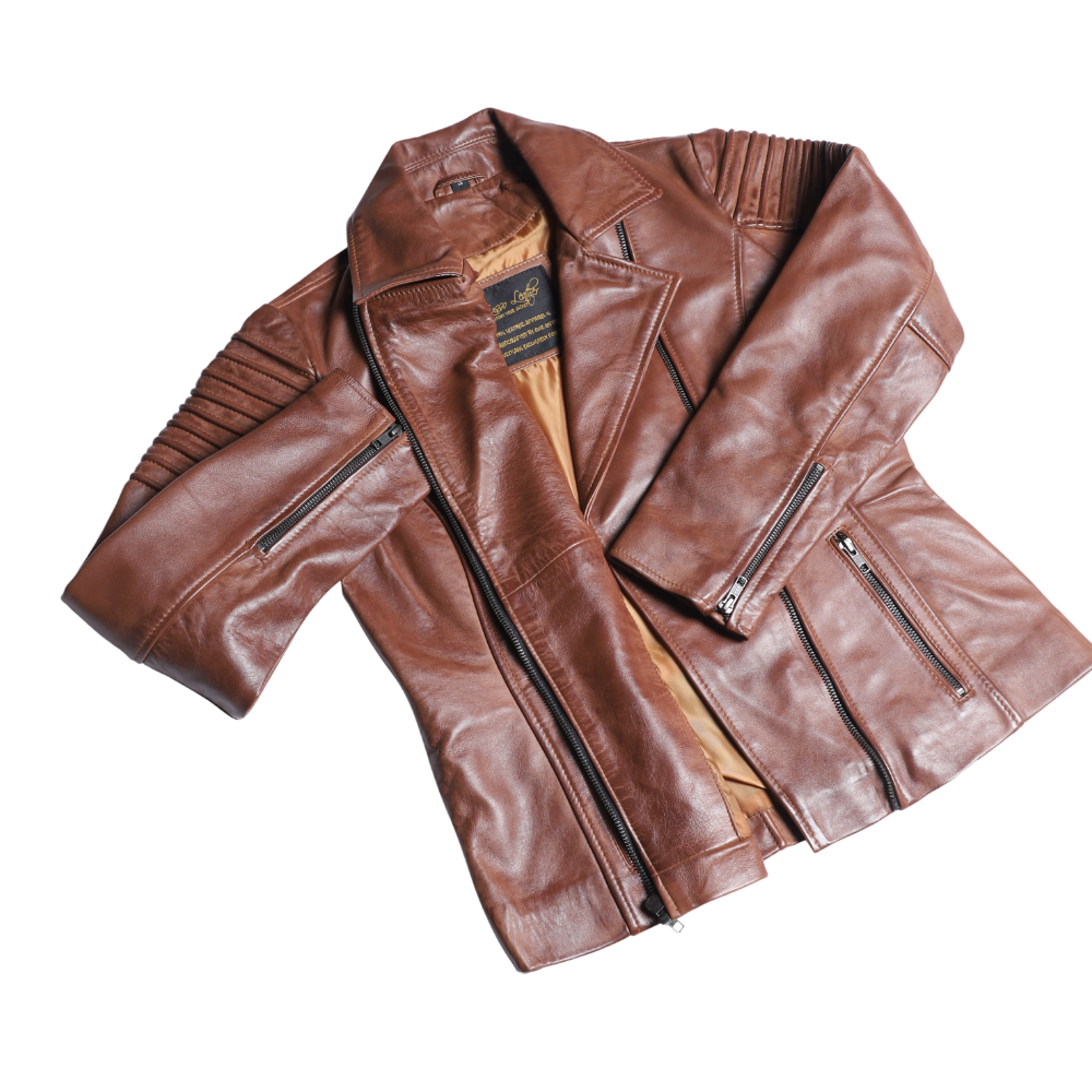 Women's distressed biker leather jacket with piping