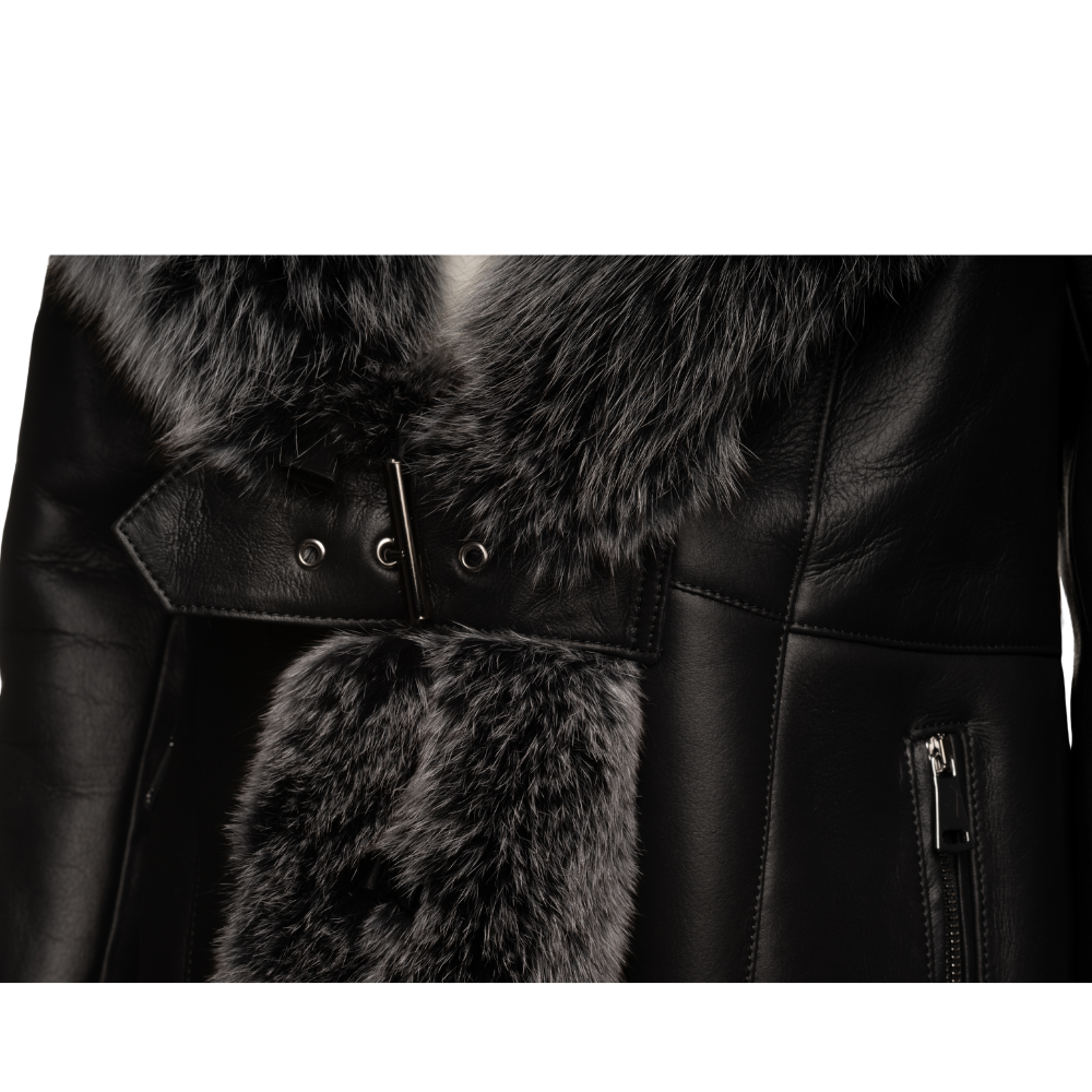 Stella black shearling coat with fox fur trim