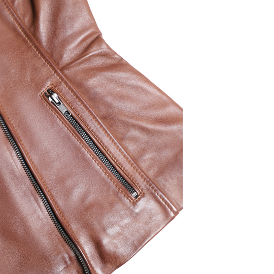 Women's distressed biker leather jacket with piping