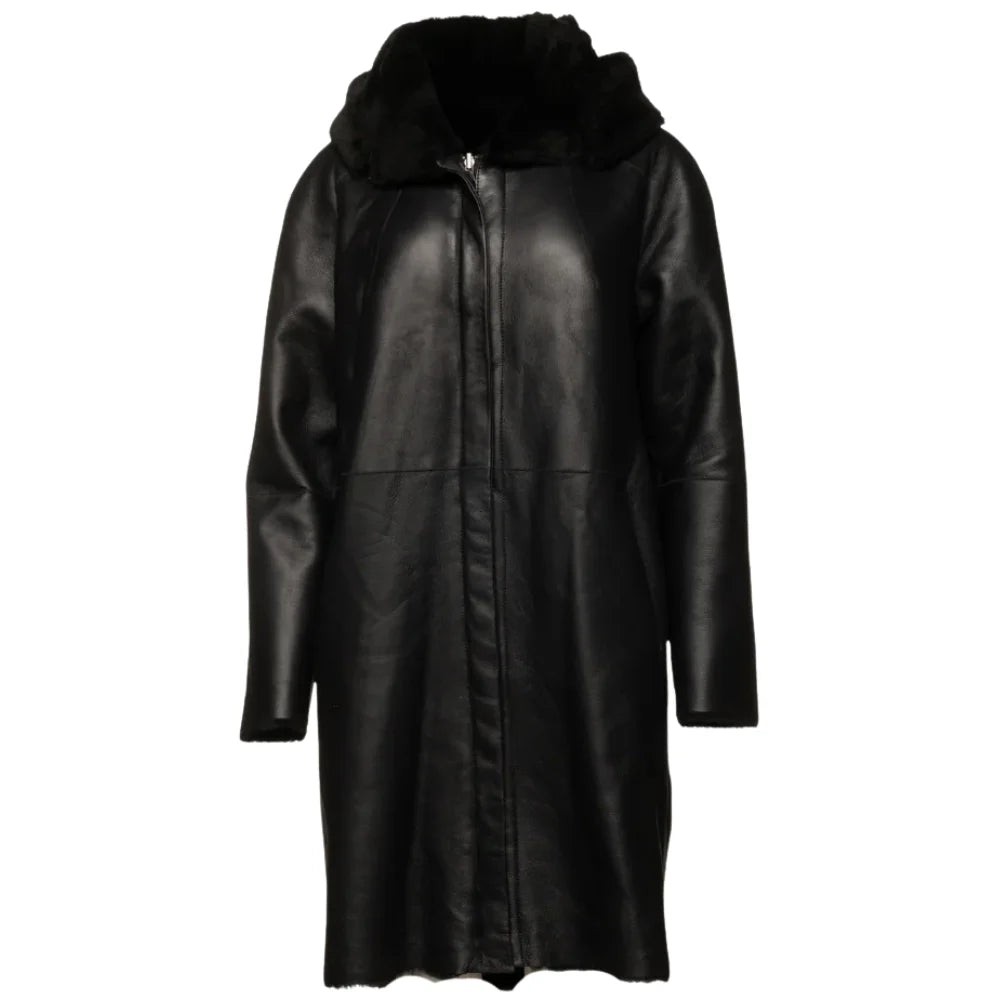 Front view of the Avalon Black oversized reversible sheepskin long coat, showcasing its luxurious sheepskin leather and chic, oversized design.