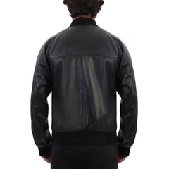 Black bomber style ribbed leather jacket back view with ribbed waistband