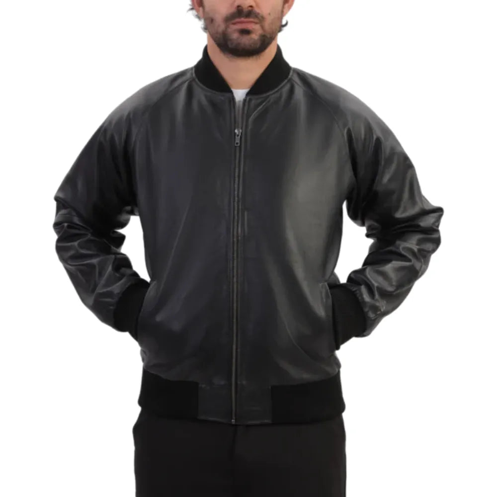 Black bomber style ribbed leather jacket front view with ribbed waistband and cuffs