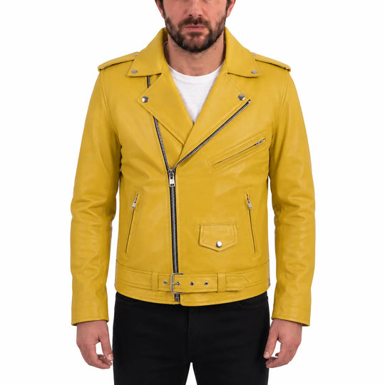 Olson's Yellow Belted Leather Biker Jacket