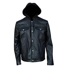 Easton Black trucker motorcycle leather jacket with hood