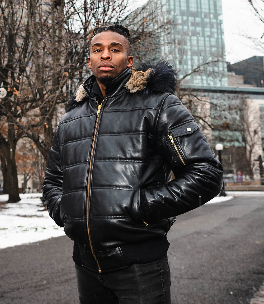 Ash Black Hooded Puffer Leather Jacket With Fur Trim – Lusso Leather