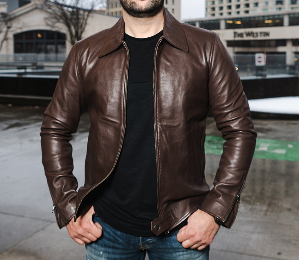 Plain brown leather jacket with collar, pure leather jacket