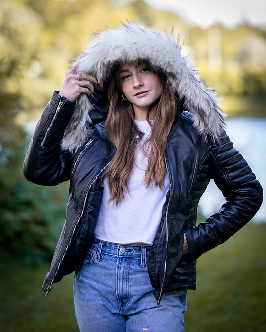 Larissa s Black Leather Jacket with Real Fox Fur Women Jacket