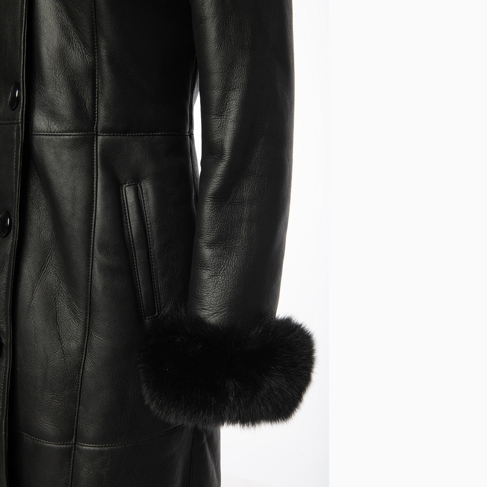 Caitlan’s Black Shearling Sheepskin Full Length Long Coat With Fox Fur Trim