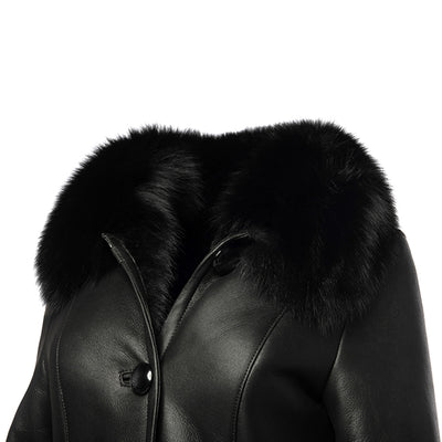 Caitlan’s Black Shearling Sheepskin Full Length Long Coat With Fox Fur Trim