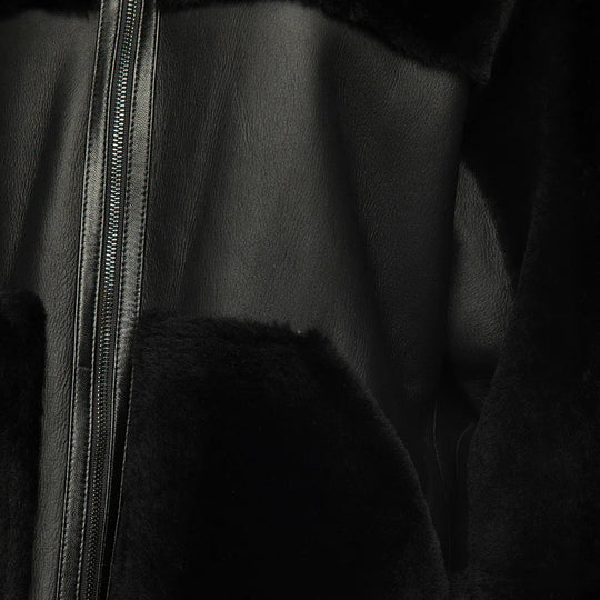 Close-up of a black leather jacket with a zipper
