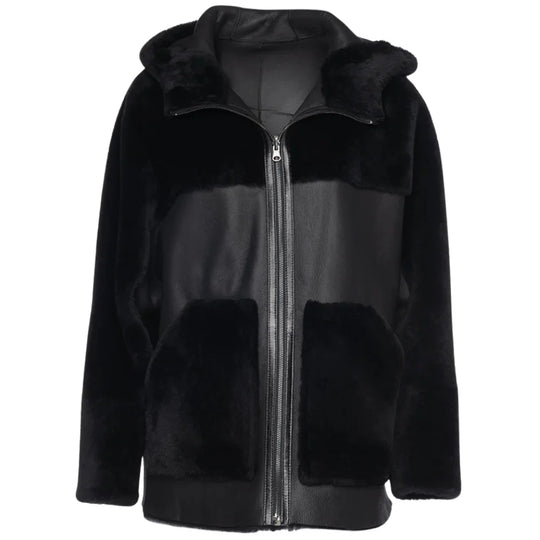 Front view of the Elena oversized jacket showing the smooth black leather exterior with plush shearling trim on the collar and cuffs.