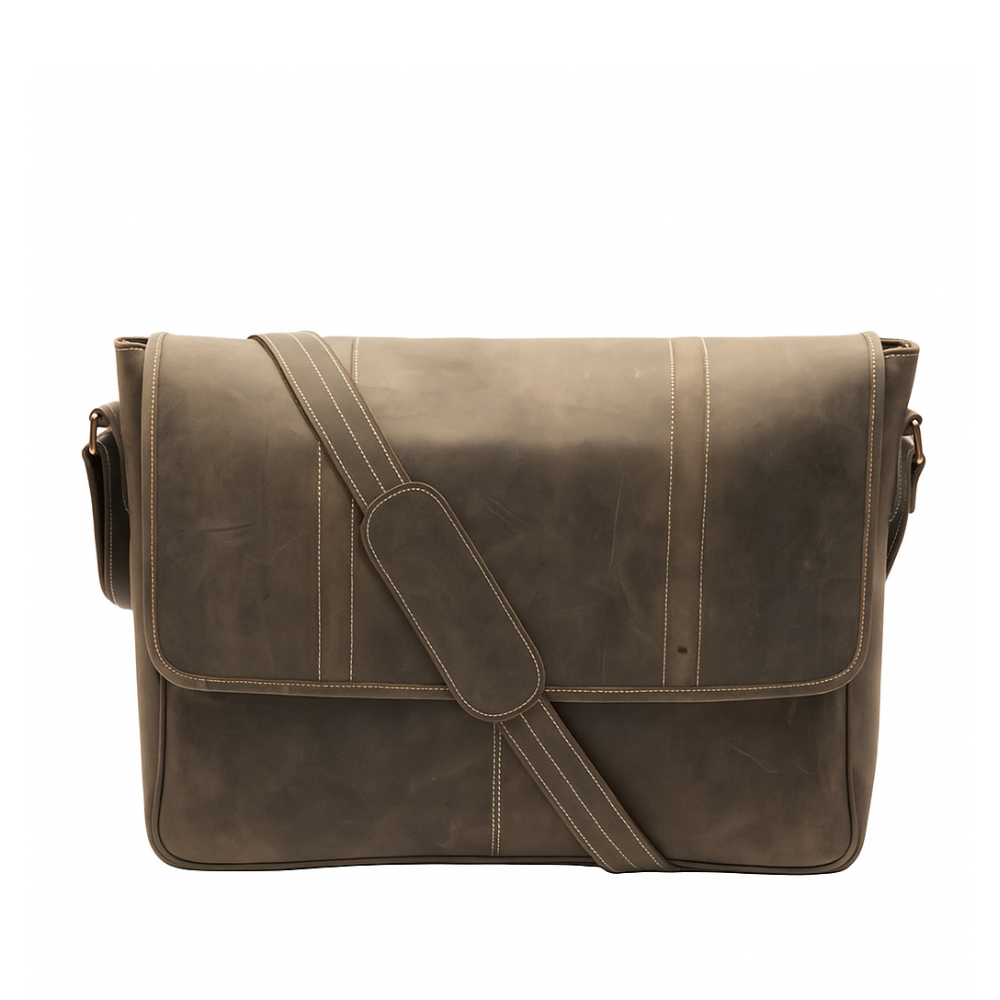 Men's brown leather laptop messenger bag
