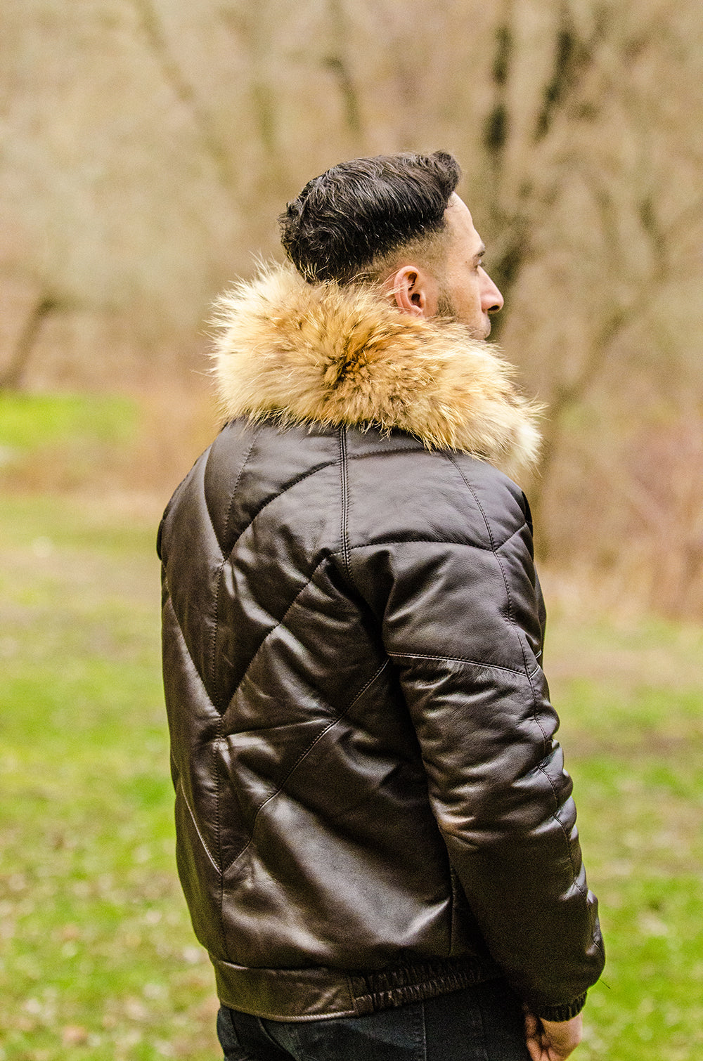 V Bomber Style Winter Leather Puffer Jacket