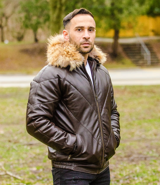 Mens Jacket Leather Bomber Jacket With Fur Hood Mens Bomber Jacket