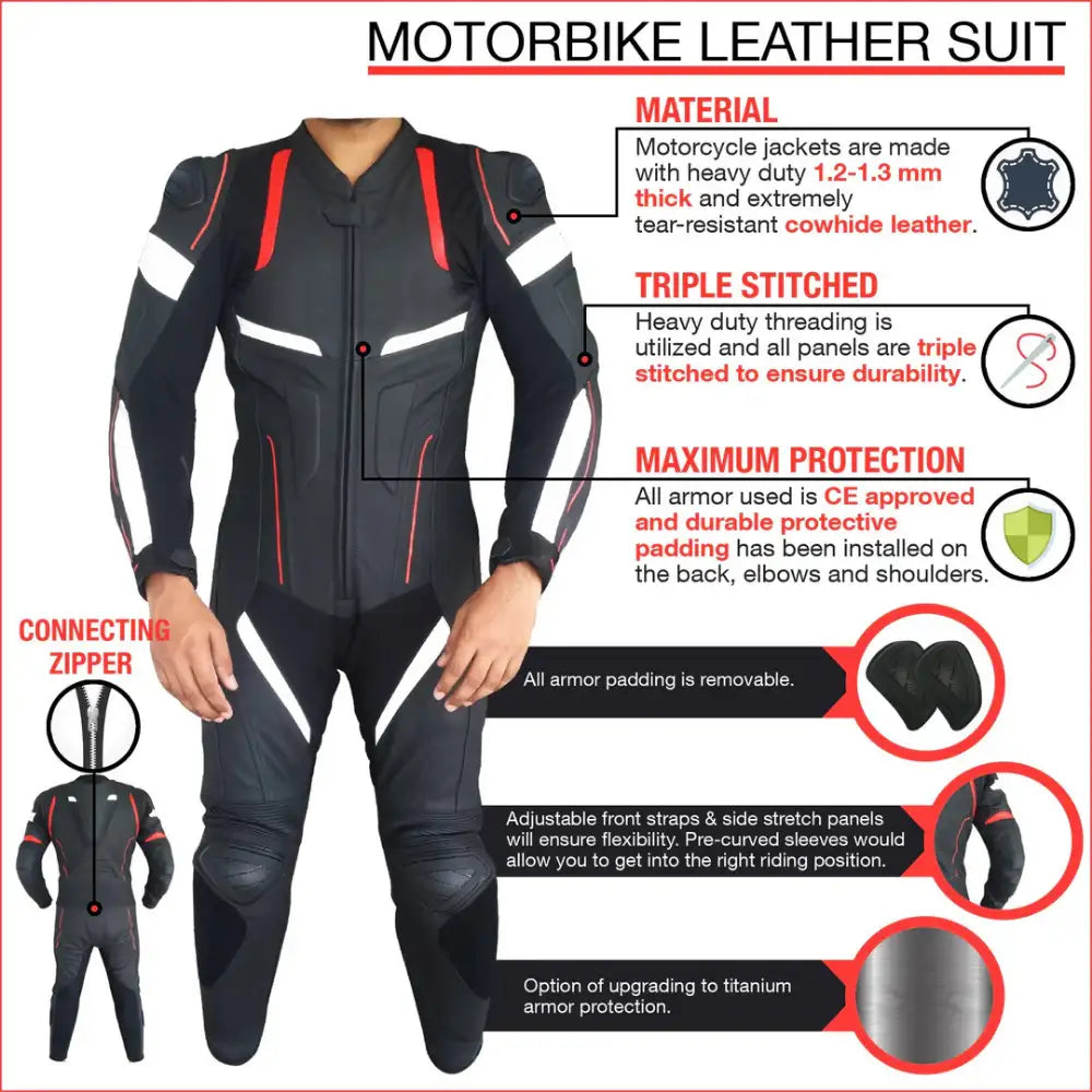 Custom Motorbike leather suit with features highlighted on a white background