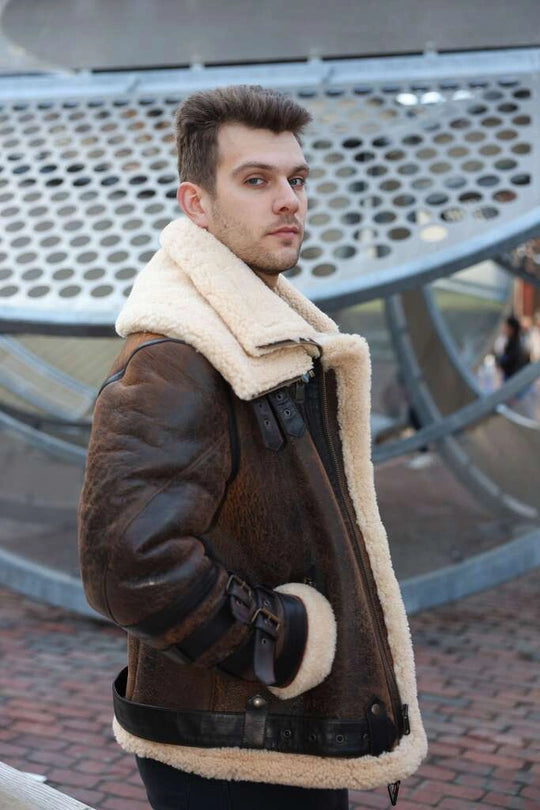 Richard's vintage Distressed brown Aviator Bomber shearling Jacket
