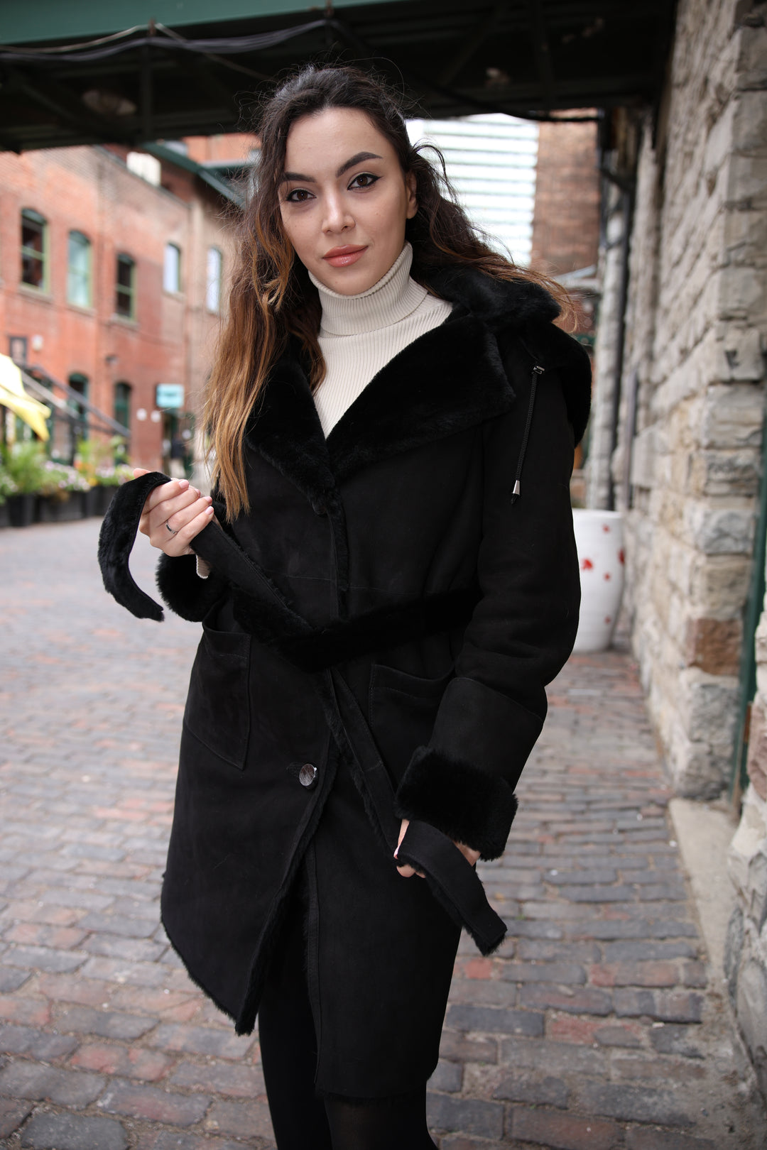 Melissa Black suede shearling coat with belt