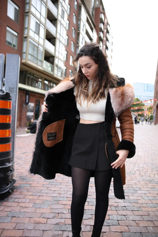 Chantal's Tan Shearling coat with large fox fur hoodie and trim