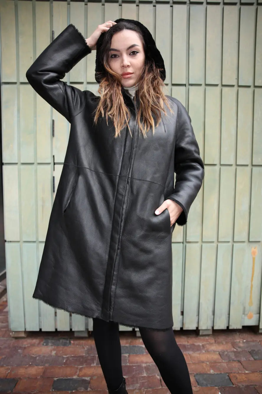 Avalon black oversize Reversible Sheepskin long coat