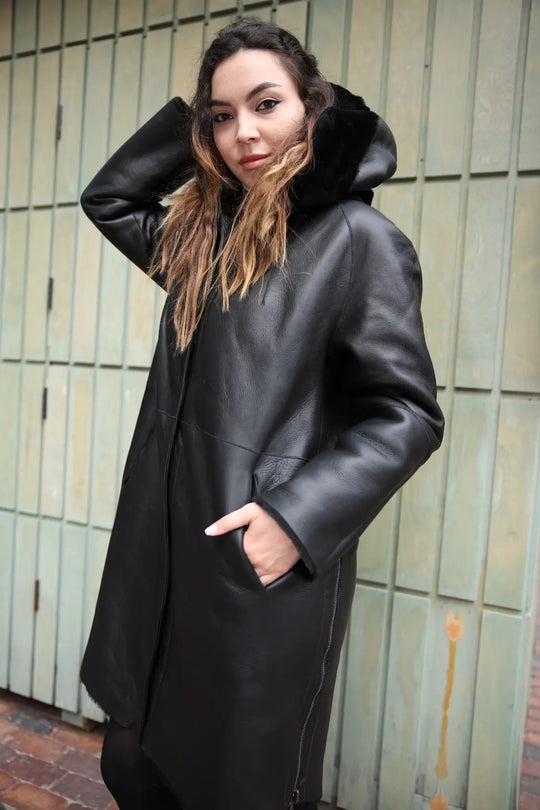 Avalon black oversize Reversible Sheepskin long coat